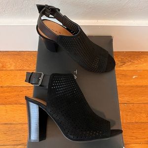 Tahari Margaret black suede sling back booties with peep toe BRAND NEW